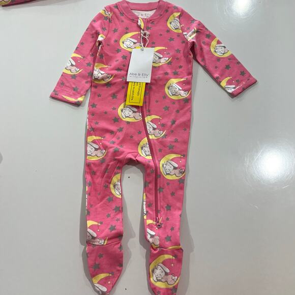 Abe & Elly Organic Cotton Baby Onesie 6-12 Month Pink Dog Star Footie Pajamas - Picture 2 of 7
